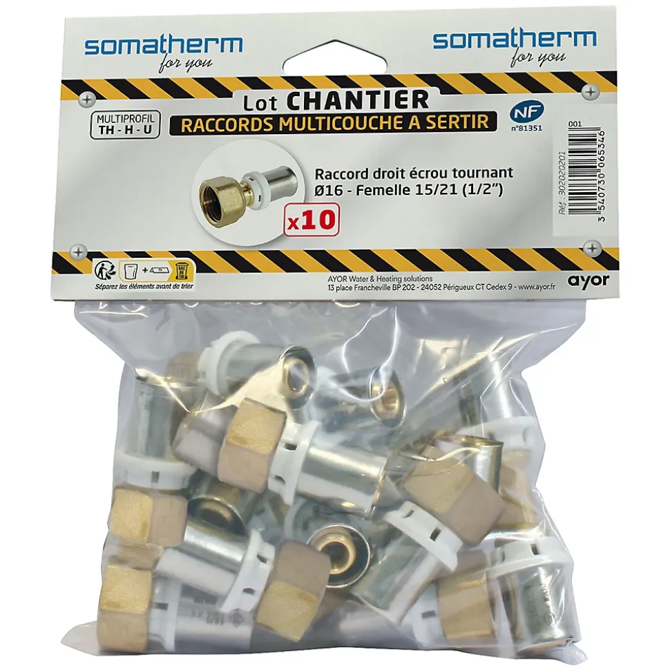 Raccord droit à sertir tube multicouche Ø16 mm femelle 1/2 Somatherm for you 10 pièces