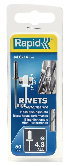Rivets aveugles alu haute performance Rapid Ø4.8x14mm + foret de perçage, 50 pièces