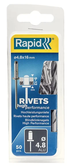 Rivets aveugles alu haute performance Rapid Ø4.8x16mm + foret de perçage, 50 pièces