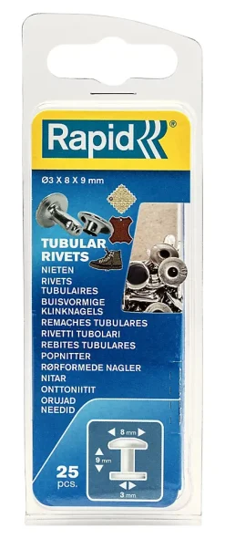 Rivets tubulaires Rapid 8 x 3 x 9mm, lot de 25 pièces