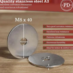 Rondelles plates acier inoxydable a2 D40 x M8 ep.1.5 mm lot 25 pieces - PD