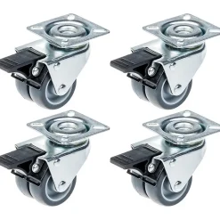 Roulette double 50mm 2" caoutchouc gris pivotante avec frein capacité 280kg, jeu de 4