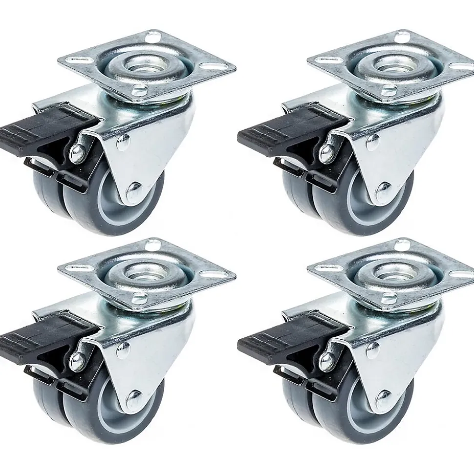 Roulette double 50mm 2" caoutchouc gris pivotante avec frein capacité 280kg, jeu de 4