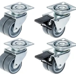 Roulette double 50mm 2" caoutchouc gris pivotante et frein capacité 280kg, jeu de 4
