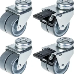 Roulette double 50mm 2" caoutchouc gris pivotante et frein capacité 280kg, jeu de 4