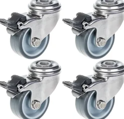 Roulette 50mm 2" en acier inoxydable caoutchouc gris, pivotante avec frein, 160kg, jeu de 4