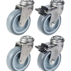 Roulette 75mm 3" en acier inoxydable, caoutchouc gris, pivotante et avec frein, 240kg, jeu de 4