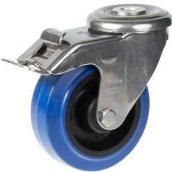 Roulette pivotante/frein de 100 mm en acier inoxydable avec caoutchouc élastique bleu sur centre en nylon