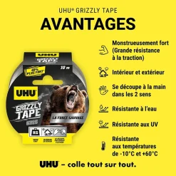 Ruban adhésif UHU Grizzly tape gris 10m