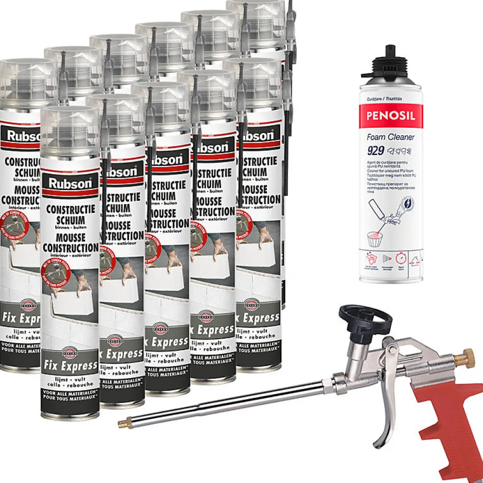 RUBSON Pack 11 Mousses construction 750ml Fix Express + Nettoyant FoamCleaner 929 500ml Penosil + Pistolet
