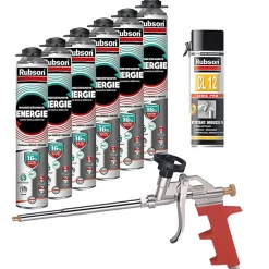 RUBSON Pack de 6 Mousses Expansives Énergie Pistolable Gris 750ml + Nettoyant CL12 + Pistolet