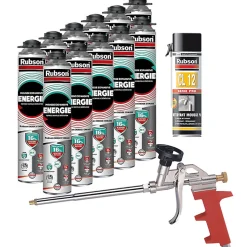 RUBSON Pack de 11 Mousses Expansives Énergie Pistolable Gris 750ml + Nettoyant CL12 + Pistolet