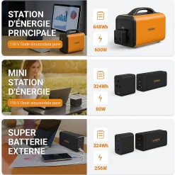 RUNHOOD HE600 + 2 Energy Bar 324 - Station Modulaire 600 W 648 Wh avec Hot-Swap
