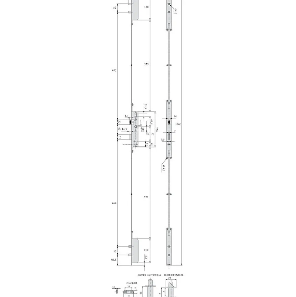 Serrure à larder 3 points TF pour profil acier pêne dormant demi-tour Série 6270 axe 30mm hauteur 1700mm - STREMLER - 6270.45.0