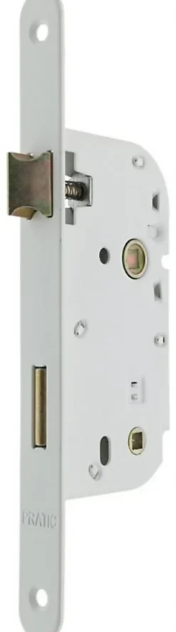 Serrure à mortaiser bec de cane à condamnation pour porte de salle de bains ou toilettes, axe 50 mm, carré de 7, coloris blanc. Bouts ronds.