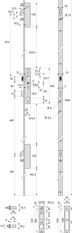 Serrure 3 points TF3 à pêne crochet et pêne dormant de coffre 45mm têtières en U 24x6mm - STREMLER - 6470.45.0B