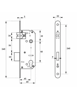 Serrure encast. Intelock trou cylindre pour poignées connectées, inox, axe45mm, entr'axes85mm, carré8, BR - INTELOCK