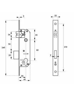 Serrure encast. Intelock trou cylindre pour poignées connectées, inox, axe30mm, entr'axes85mm, carré8, BC - INTELOCK