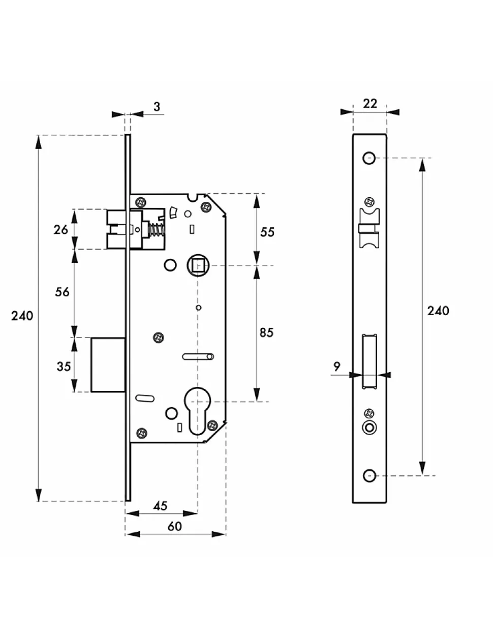 Serrure encast. Intelock trou cylindre pour poignées connectées, inox, axe45mm, entr'axes85mm, carré8, révers - INTELOCK