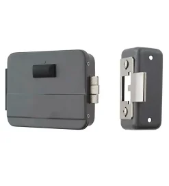 Serrure éléctrique 12V réversible en applique cylindre exterieur et bouton intérieur DOM