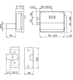 Serrure éléctrique 12V réversible en applique cylindre exterieur et bouton intérieur DOM