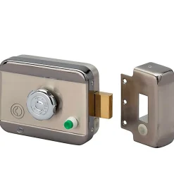 Serrure électrique motorisée en applique pene dormant cylindre rond réversible 12V DOM CE105