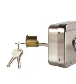 Serrure électrique motorisée en applique pene dormant cylindre rond réversible 12V DOM CE105
