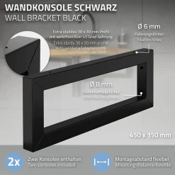 Set de 2x consoles murales support d'étagères en acier noir mat 450x150x30 mm