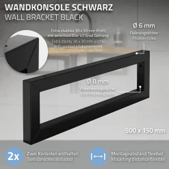 Set de 2x consoles murales support d'étagères en acier noir mat 500x150x30 mm