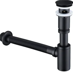 Siphon de Lavabo avec Bonde Pop Up Universel Noir Mat en Acier Inox et Laiton pour Salle de Bain