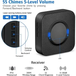 Sonnette électronique étanche IP55, portée de 300 m, 55 mélodies, 5 niveaux de volume - Noir