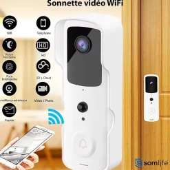 Sonnette portier HD SomLife app tuya smart life autonome sans fils alerte direct smartphone, vision nocture carillon fourni