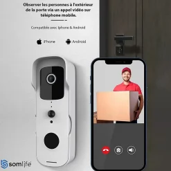 Sonnette portier HD SomLife app tuya smart life autonome sans fils alerte direct smartphone, vision nocture carillon fourni