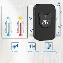 Sonnette sans fil, sonnette électronique étanche 150 m, kit de sonnette et 38 mélodies avec 4 niveaux de volume (noir 1+2)