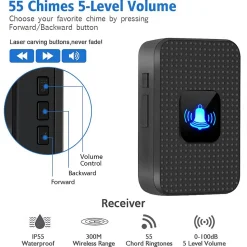 Sonnette sans fil, sonnette électronique d'extérieur étanche IP55, portée 300 m, 38 mélodies, 5 niveaux de volume, noire