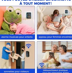 Sonnette sans fil étanche - Portée 300 m - 60 mélodies - Pour jardin, maison, bureau