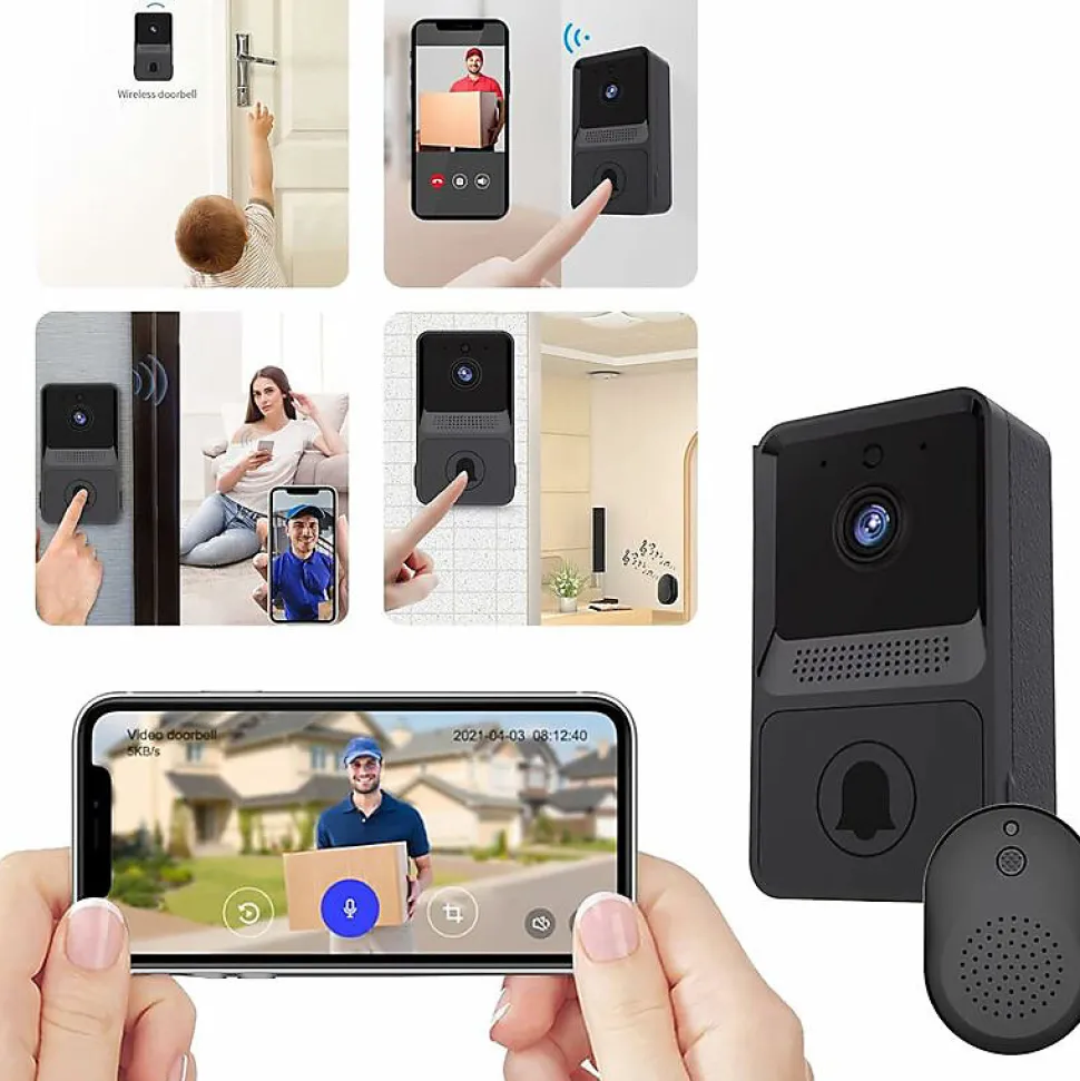 Sonnette vidéo sans fil, compatible avec sonnette intelligente, connexion sans fil, caméra 1080p (avec batterie)