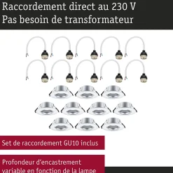 Spot encastré Kit de 10 fixe rond 90mm GU10 max. 10x10W 230V gradable Chrome mat
