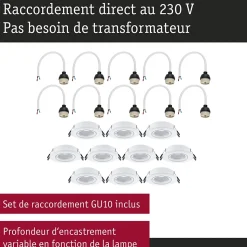 Spot encastré Kit de 10 orientable rond 90mm 30 GU10 max. 10x10W 230V gradable Blanc