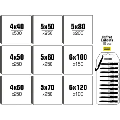STARBLOCK Coffret de vis Pack Pro 2 200 vis Bois Aggloméré Tête fraisée Torx 9 tailles 1 Porte embouts mousqueton 50 mm