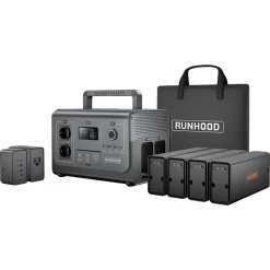 Station d'Energie RUNHOOD HE1200 - 1200 W Sinus Pur - 4 EB324 - 648 Wh - Recharge Solaire et AC - Modulaire et Echange a Chaud