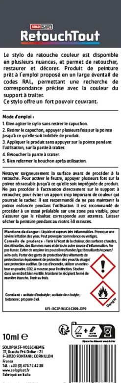 Stylo retouche multisupports coloris noir brillant RAL9005 10ml Soloplast