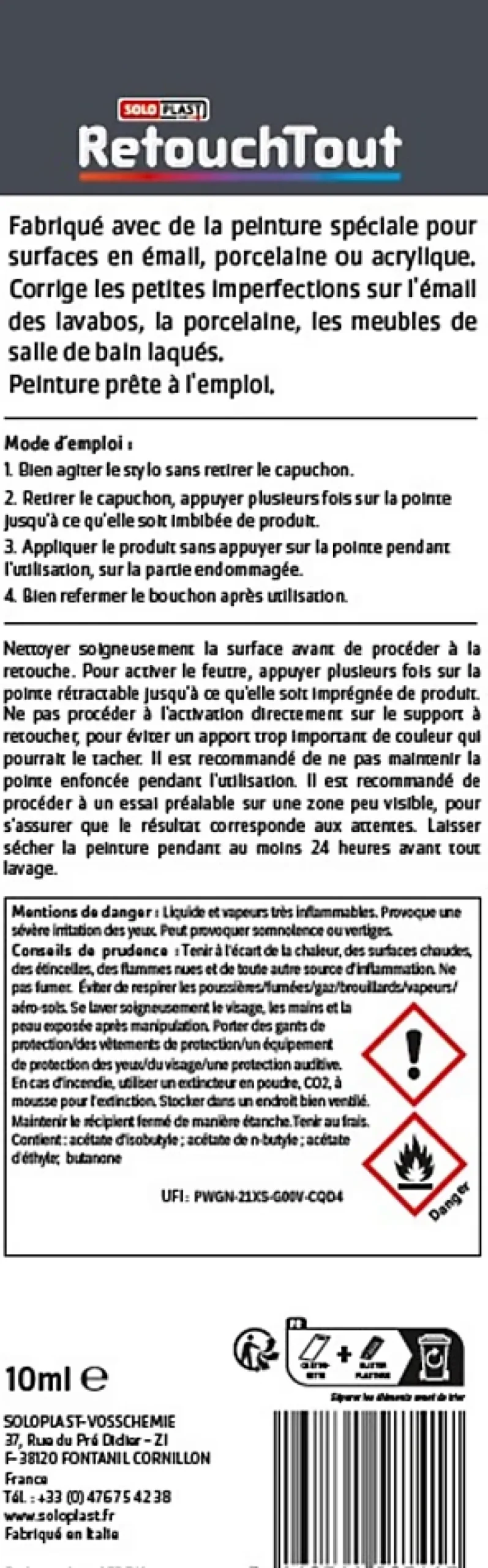 Stylo retouche sanitaires Retouchtout coloris blanc 10ml Soloplast