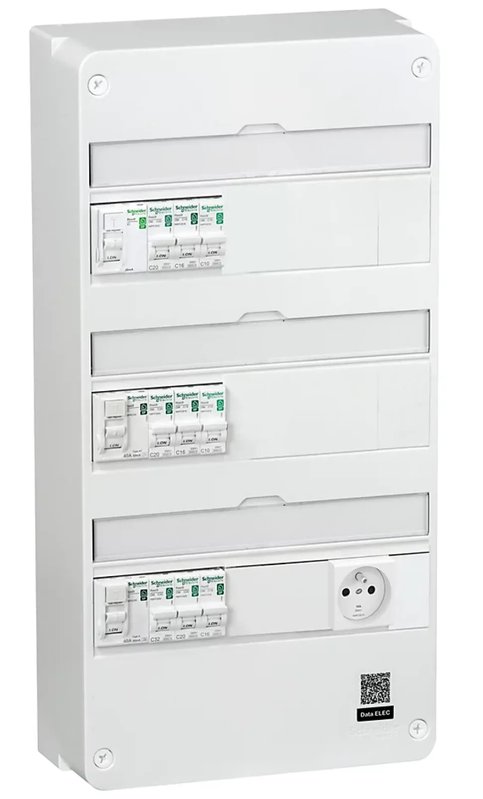 Tableau électrique pré-équipé et pré-câblé T2 à T4 - 3 rangées - 39 modules Schneider Electric + prise modulaire