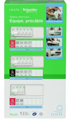 Tableau électrique pré-équipé et pré-câblé T3 au T5 - 3 rangées - 39 modules Schneider Electric Resi9 XE