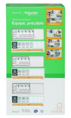 Tableau électrique pré-équipé et pré-câblé T3 au T5 - 3 rangées - 39 modules (18 inclus) Schneider Electric Resi9 XP