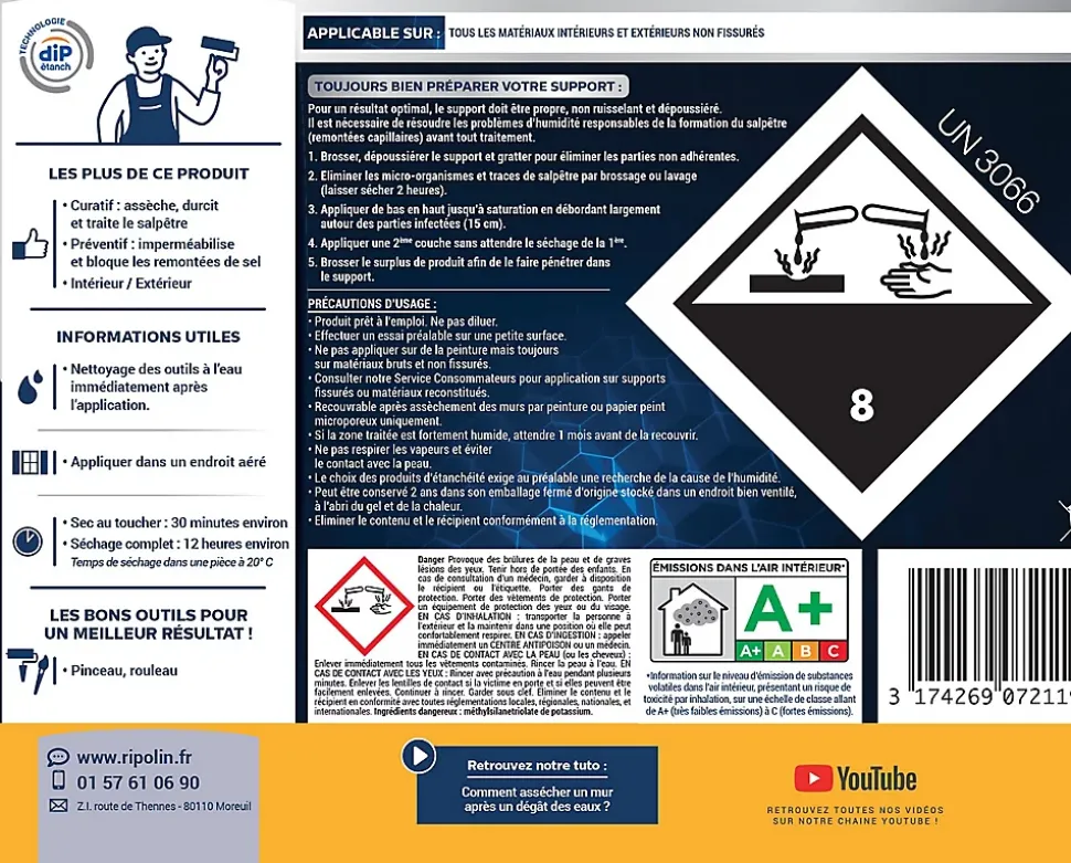 Traitement murs humides et salpêtre intérieur extérieur incolore Ripolin 0,75L