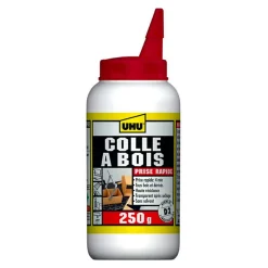 UHU Colle à bois express - Plus forte que le bois, résistante à l'humidité, embout de précision, transparente, biberon 250g