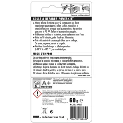 UHU Colle à réparer Powerkitt universel - Pâte époxy 2 composants pour coller, combler, étanchéifier, Gris, 60g