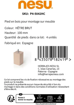 4un. Pied de meuble en bois de hêtre naturel non verni. Forme carrée hauteur 100 mm